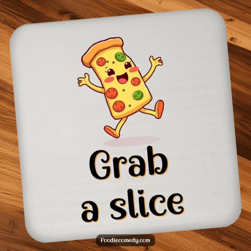 Funny coasters showcasing a pizza slice doing energetic kicks, adding a humorous and protective element to tables.