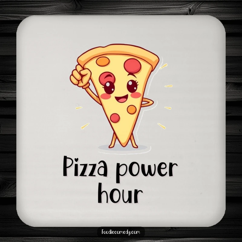 Funny pizza slice hero drink coasters, protecting surfaces with a brave pizza character design.