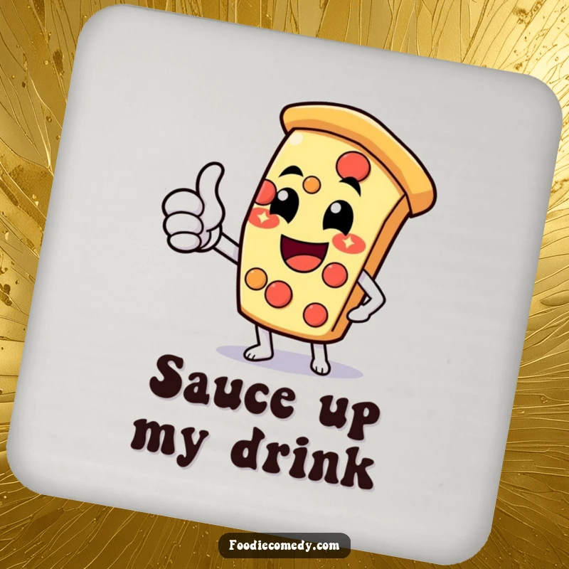 Funny pizza slice coaster featuring a cheesy grin and thumbs-up, protecting surfaces with a humorous design.