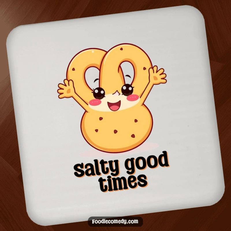 Funny pretzel coasters featuring a joyful pretzel with arms boogying with enthusiasm, protecting surfaces with fun.