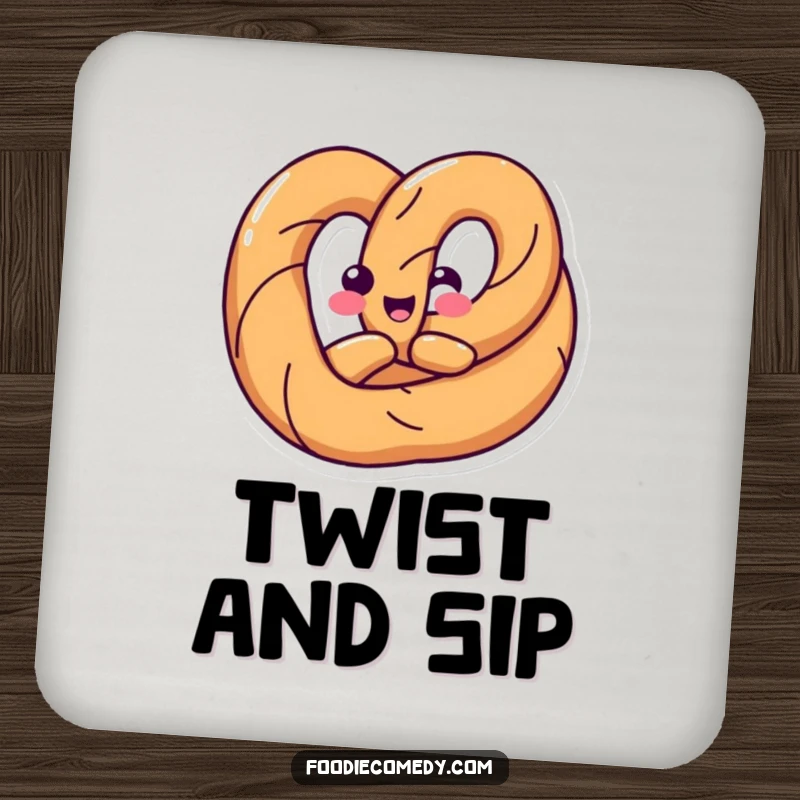 Funny coasters featuring a happy pretzel twisting its body into a fun shape, adding humorous and salty flair to tables.