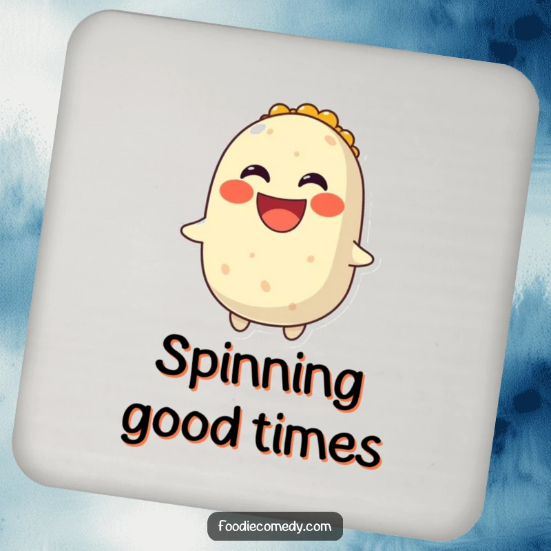 Funny drink coaster showing a smiling burrito spinning with a wide, joyful grin, preventing spills.