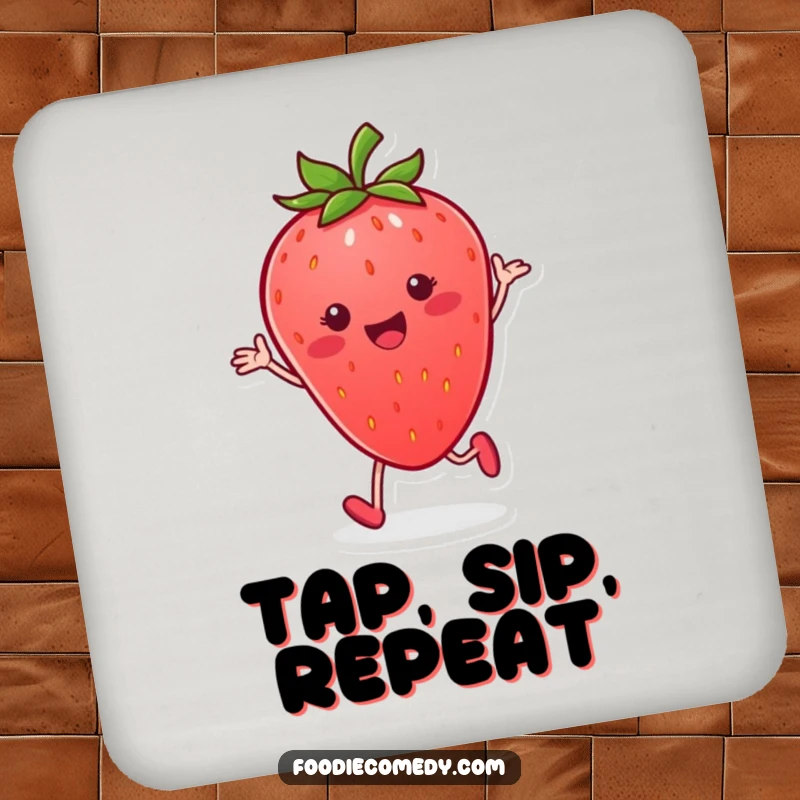 Funny strawberry drink coasters, smiling and performing a rhythmic tap dance, protecting surfaces with fruity flair.