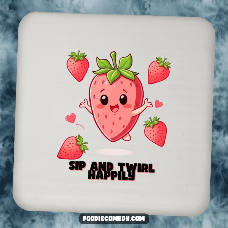 Funny Strawberry Coaster: A strawberry character twirls with excitement, adding sweet charm to any table.