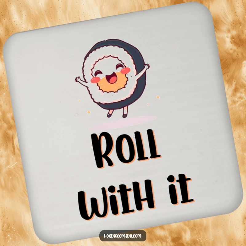 Funny drink coasters showcasing a joyful sushi roll performing a ballet spin, adding elegance to surface protection.