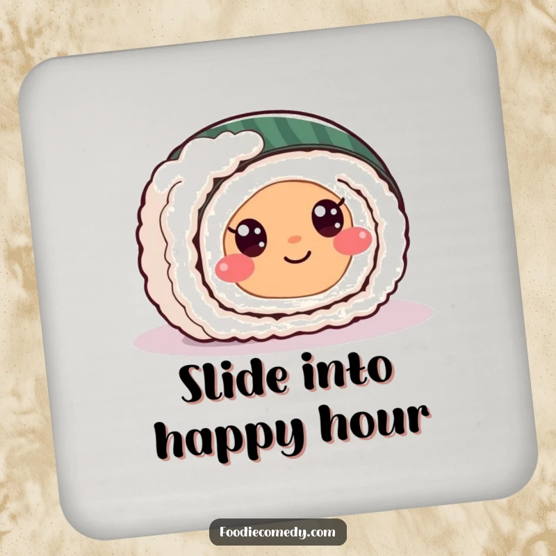 Funny sushi roll drink coaster with a smiling sushi character with eyes sliding playfully across a clean surface.