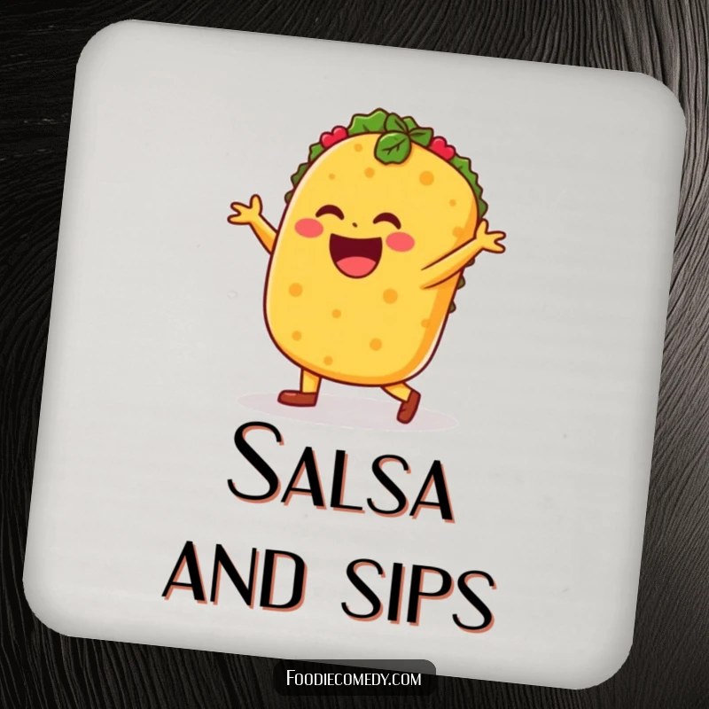 Funny taco salsa dance coasters, taco character dancing, protecting tables, set of four.