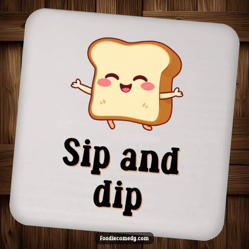 Funny coasters with a giggling slice of toast doing a happy little shuffle, adding humorous flair to any table.