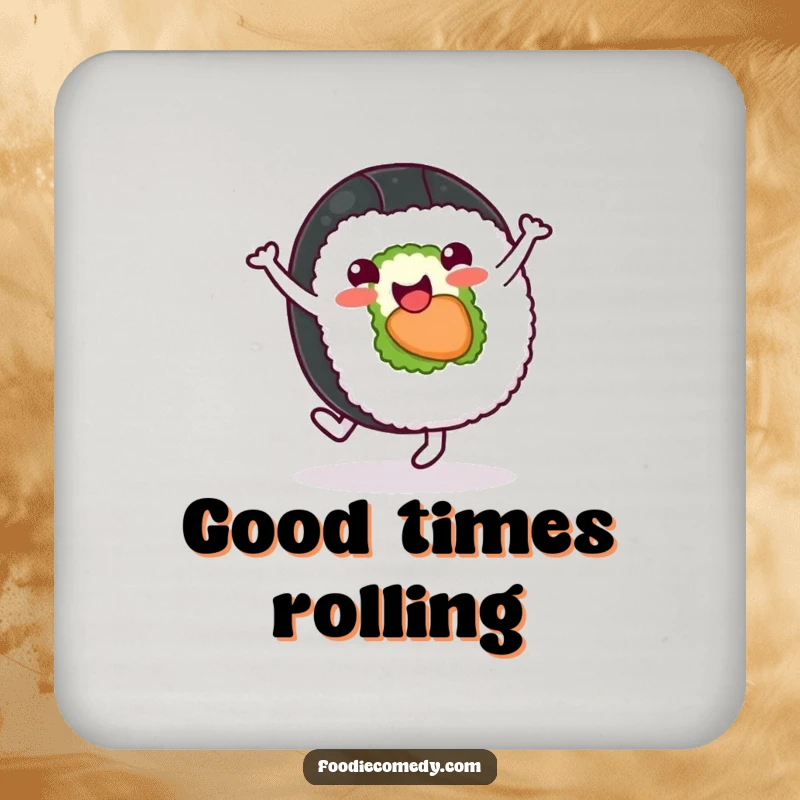 Funny sushi roll drink coaster featuring a cheerful character doing a cartwheel, protecting tables with playful flair.