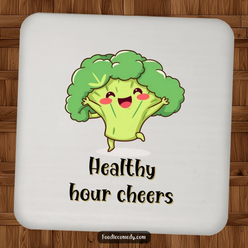 Funny broccoli coaster set featuring a happy broccoli doing a kick-ball-change, adding humor to beverage service.