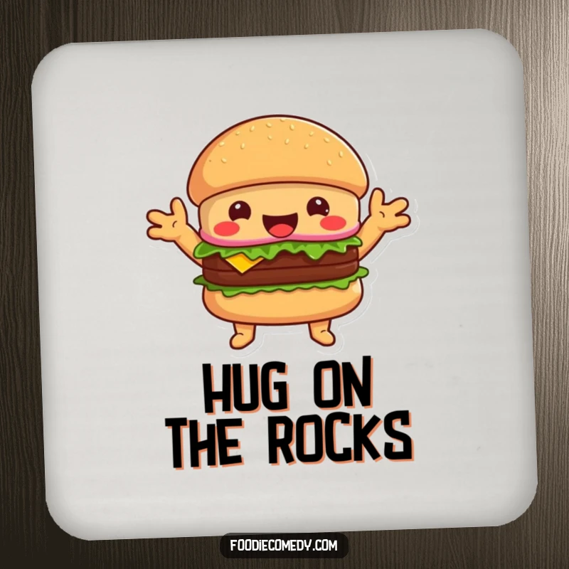 Funny happy burger drink coasters, protecting surfaces with a welcoming character offering hugs.