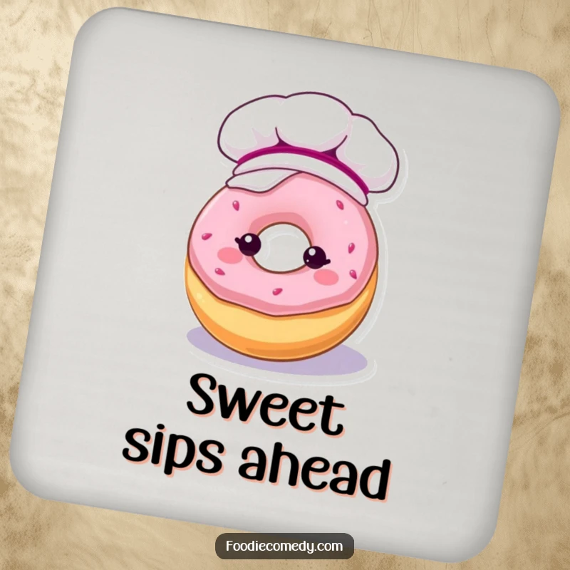 Funny drink coaster featuring a kawaii donut character in a baking hat, coated in frosting, for surface protection.