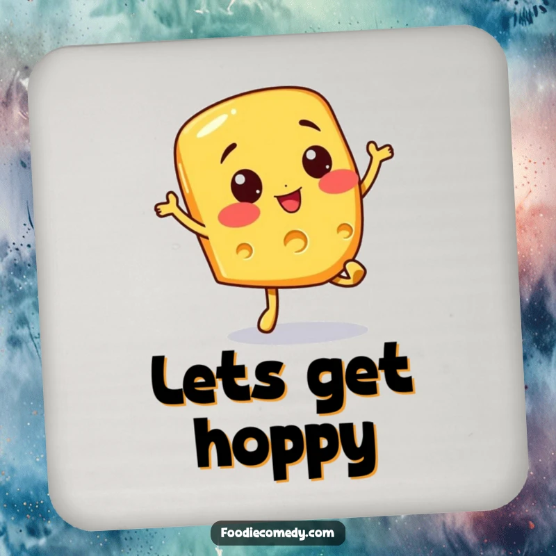 Funny drink coaster featuring a cheerful cheese slice character doing a bouncy hop. Protects surfaces with a smile.