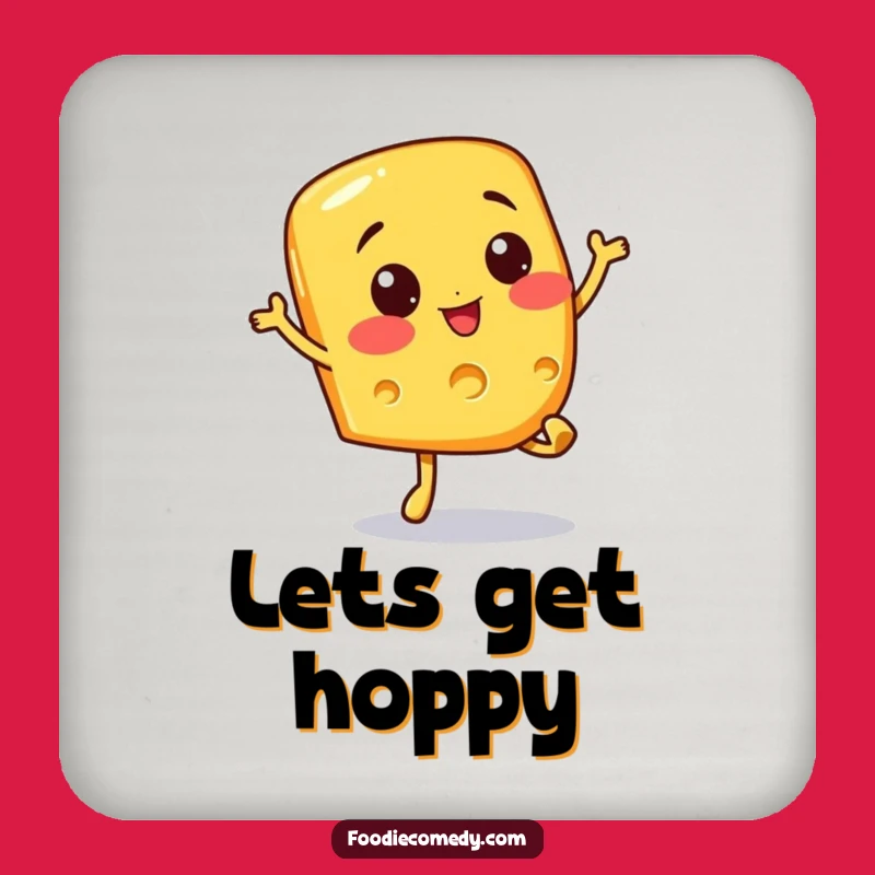 Funny Cheesy Hop Drink Coaster - Cheerful Cheese Slice Doing a Bouncy Hop