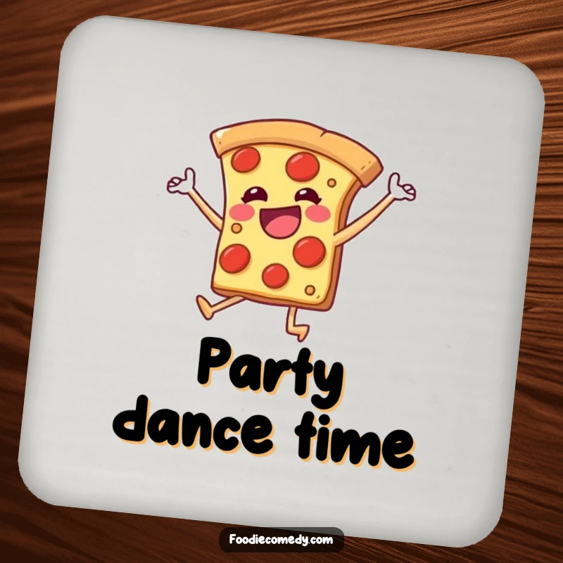 Funny drink coaster showcasing a pizza slice with legs kicking joyfully, perfect for adding energetic humor to drink surfaces.