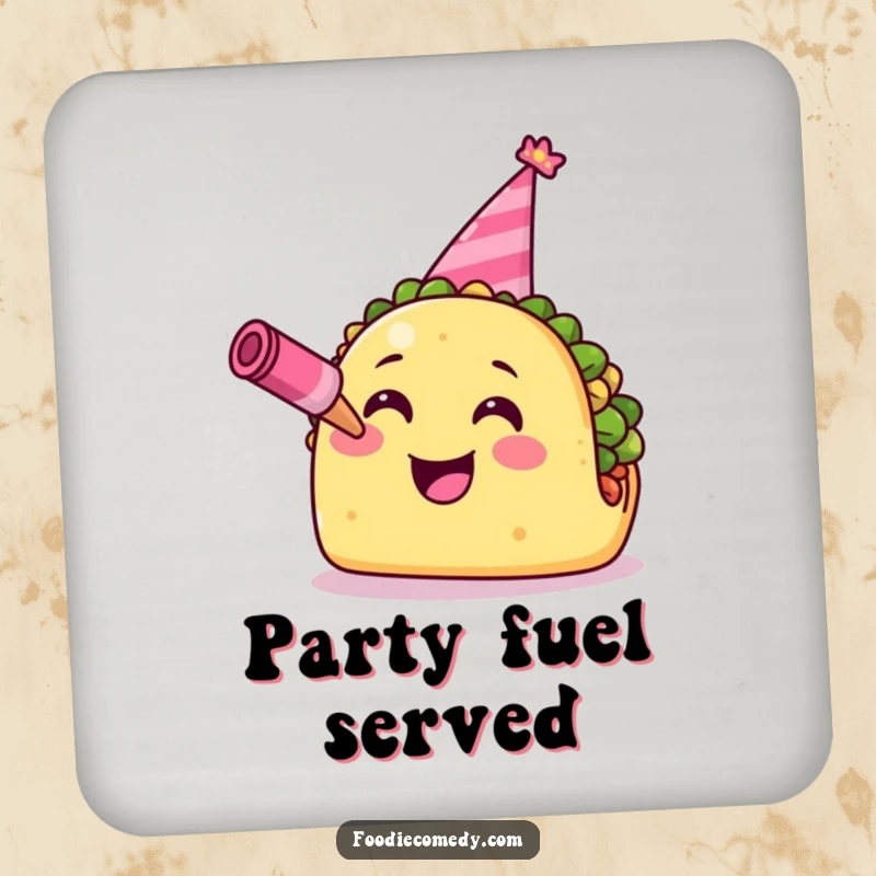 Funny Taco Drink Coaster: A smiling taco wearing a party hat and blowing a horn, adding festive flair to drink protection.