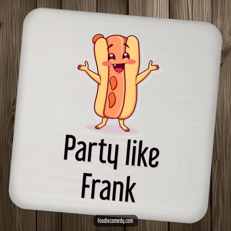 Funny hot dog character doing the Charleston on a drink coaster, adding humorous retro flair to surface protection.