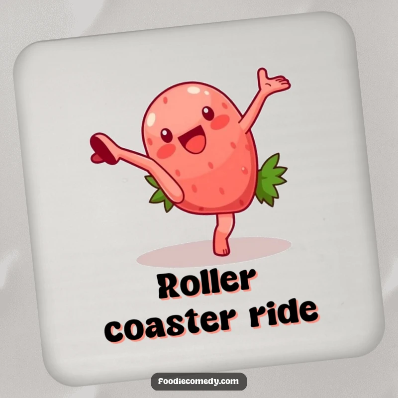 Funny drink coaster displaying a strawberry character in a cartwheel pose, providing surface protection with a delightful splash of humor. A charmingly funny collectible.