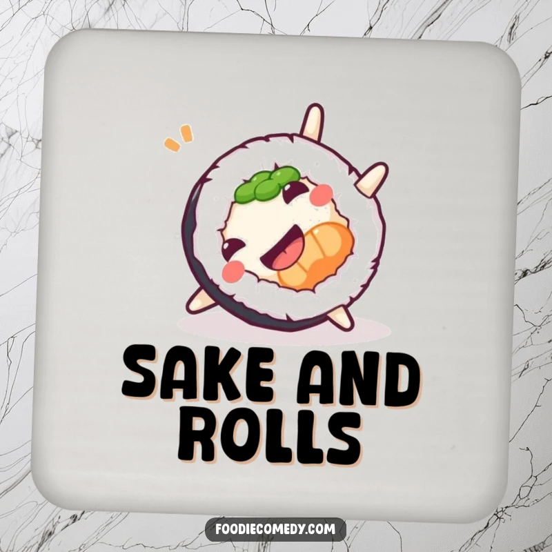 Funny Sushi Somersault Coaster featuring a roll doing a playful somersault, protecting furniture with foodie humor.