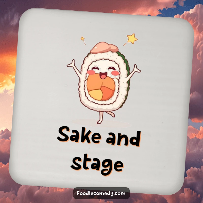 Funny drink coaster featuring a happy sushi roll in a comedic ballet pose, protecting surfaces with artistic humor.