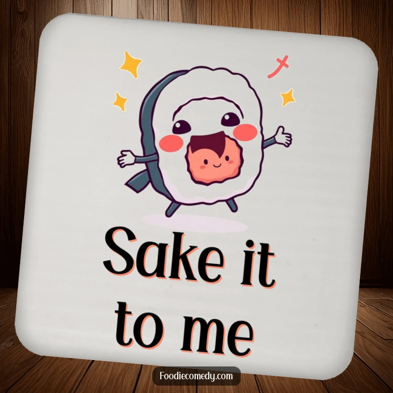Funny drink coaster, a sushi roll performing a vibrant jitterbug, protecting surfaces with energetic flair and comedic appeal.