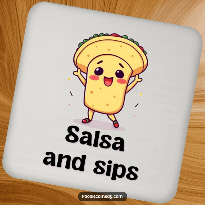 Funny kawaii taco coaster, protective pad with an excited taco doing a flamboyant salsa dance, cute tabletop accessory, food humor, ideal funny gift.