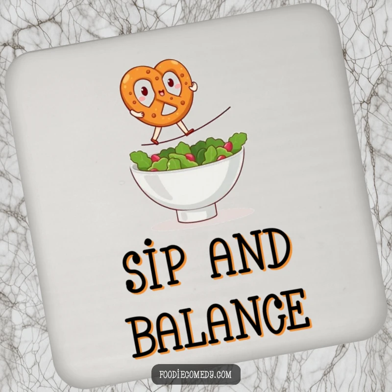 Funny kawaii pretzel coaster, protective pad with a brave pretzel doing a tightrope walk over a salad bowl, cute tabletop accessory, food humor, ideal funny gift.