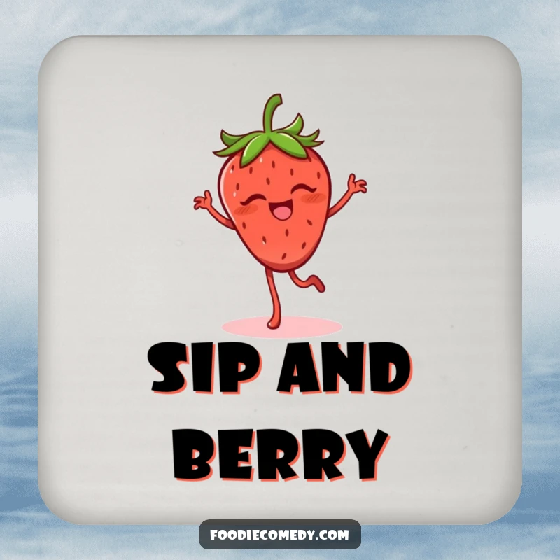 Funny strawberry coasters featuring a giggling strawberry doing a lively flamenco step, protecting surfaces with flair.