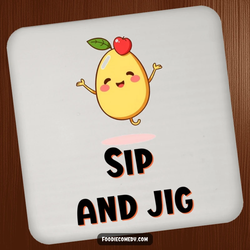 Funny drink coasters showcasing a vibrant piece of fruit character doing a merry jig, protecting surfaces with playful charm.