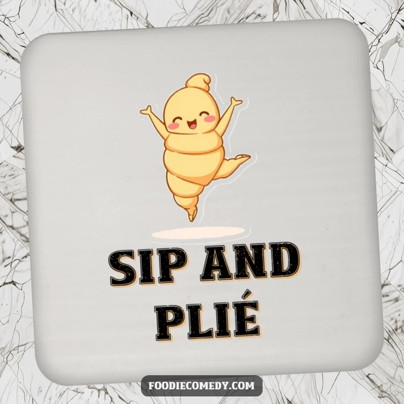 Funny croissant character in a ballet leap on a drink coaster, adding elegant humor to surface protection.