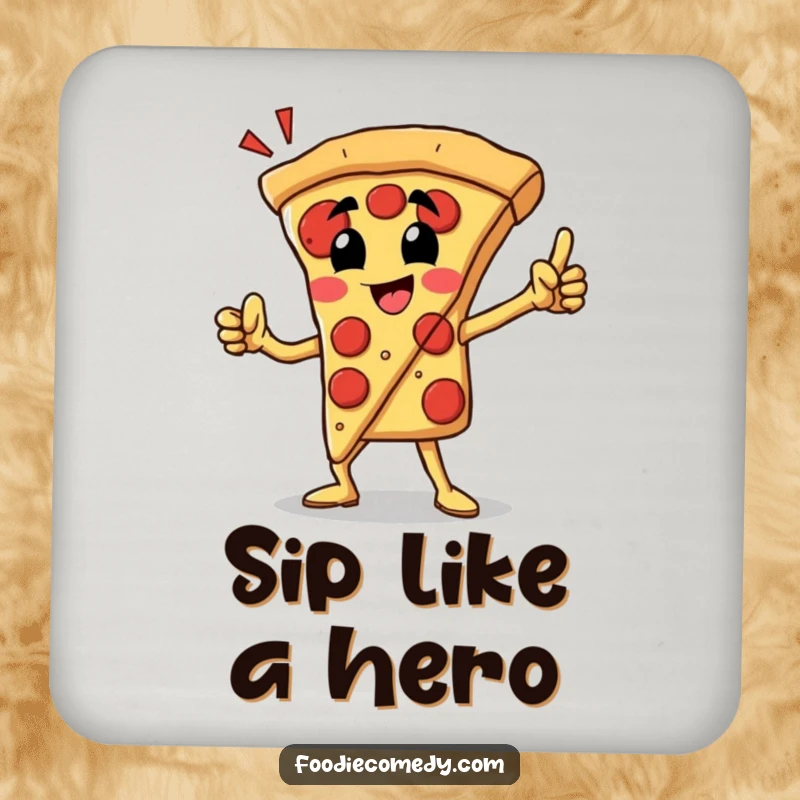 Funny pizza slice coaster with a proud character striking a heroic pose, perfect for protecting tables.
