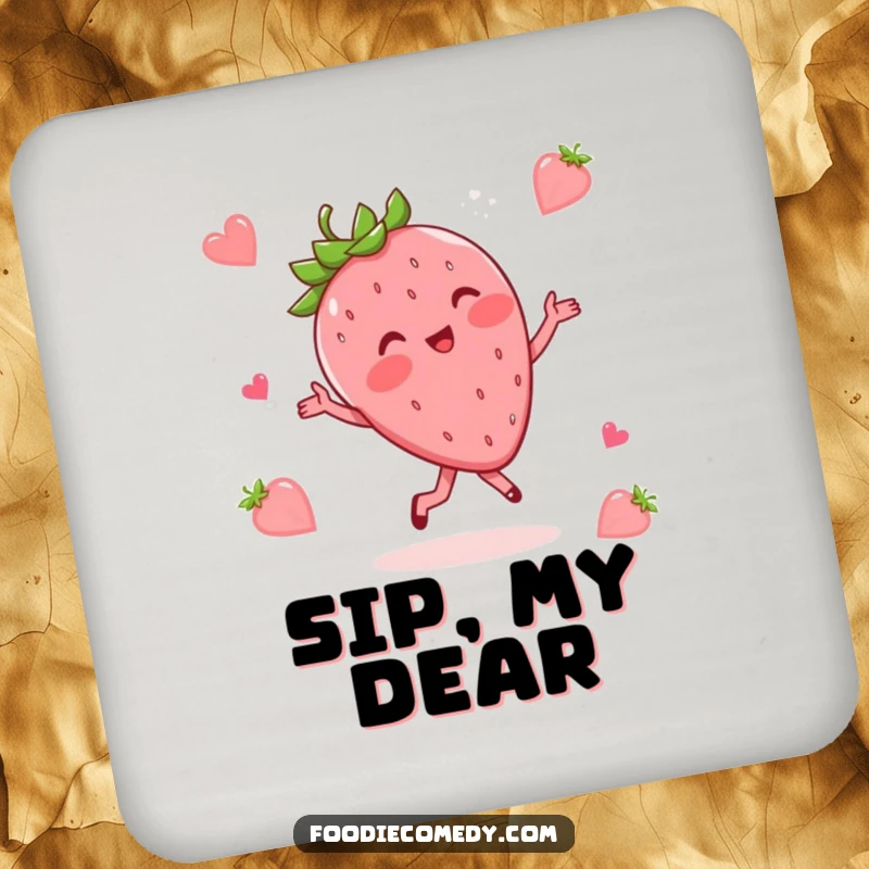 Funny coasters featuring a blushing strawberry doing a whimsical waltz, adding sweet and humorous flair to tables.