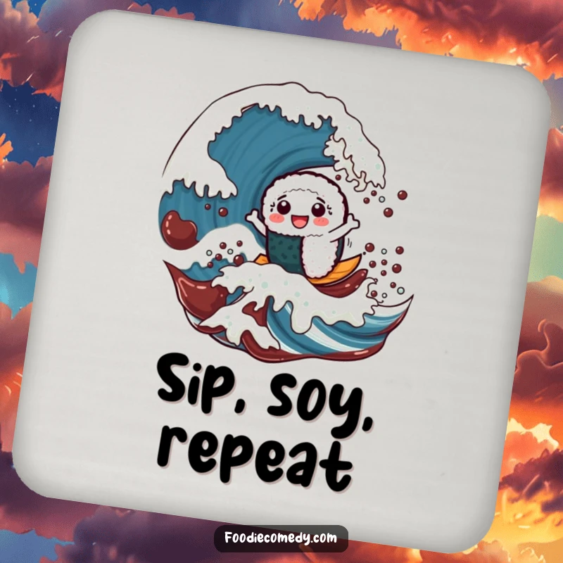 Funny drink coaster featuring a cheerful sushi roll character surfing a giant soy sauce wave, adding flair to surfaces.