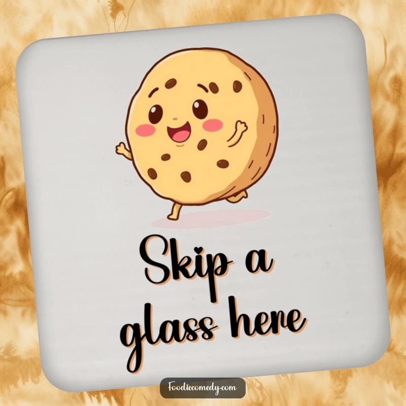 Funny drink coaster with a smiling cookie doing a happy little skip, adding a touch of sweet humor and protecting surfaces.