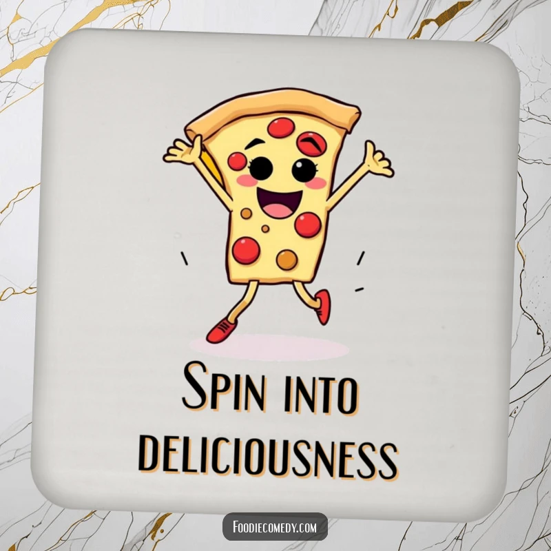 Funny pizza breakdance drink coaster with a pizza slice character with legs performing an energetic spin.