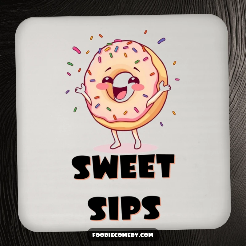 Funny donut drink coaster featuring a happy character gleefully juggling colorful sprinkles, protecting tables with sweet flair.