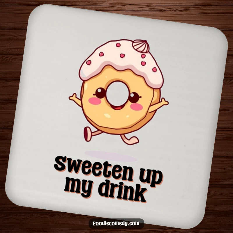 Funny donut coaster featuring frosting hair, designed to protect surfaces with cheerful skipping flair.