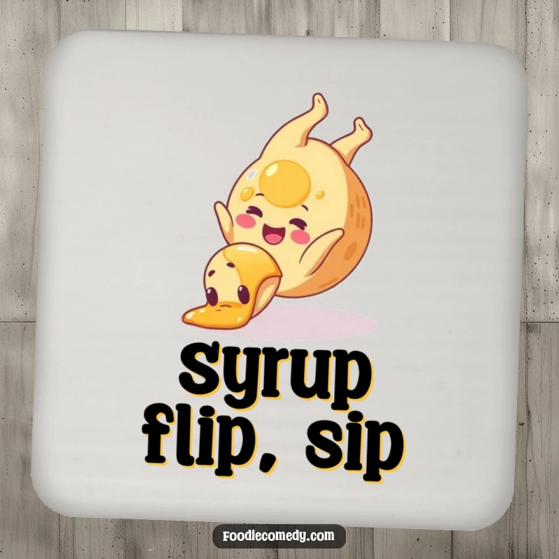 Funny pancake coasters showcasing happy pancakes doing syrup somersaults, protecting surfaces with breakfast-themed humor.