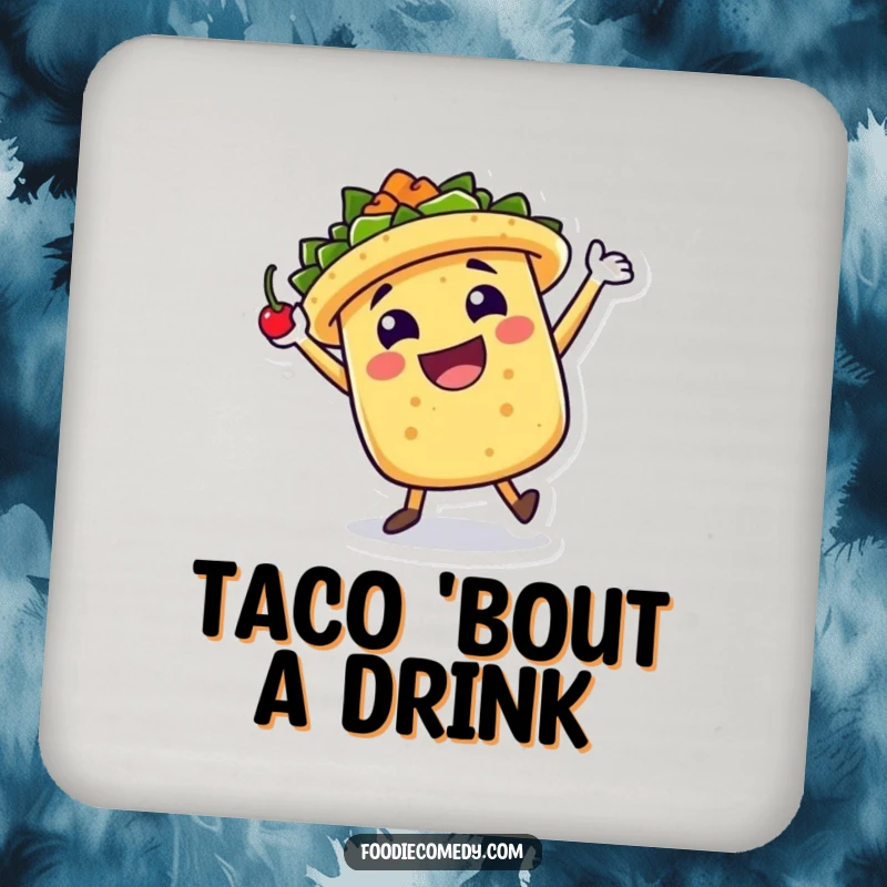 Funny Coaster: A taco character jigs happily with a chili pepper, protecting surfaces with fun and vibrant festivity.