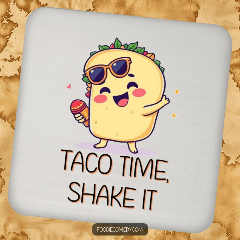 Funny drink coaster art of a groovy taco dancing and shaking tiny maracas.