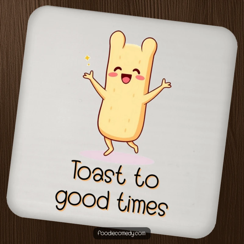 Funny drink coaster, a baguette performing a lively Charleston, protecting surfaces with vintage charm and comedic appeal.