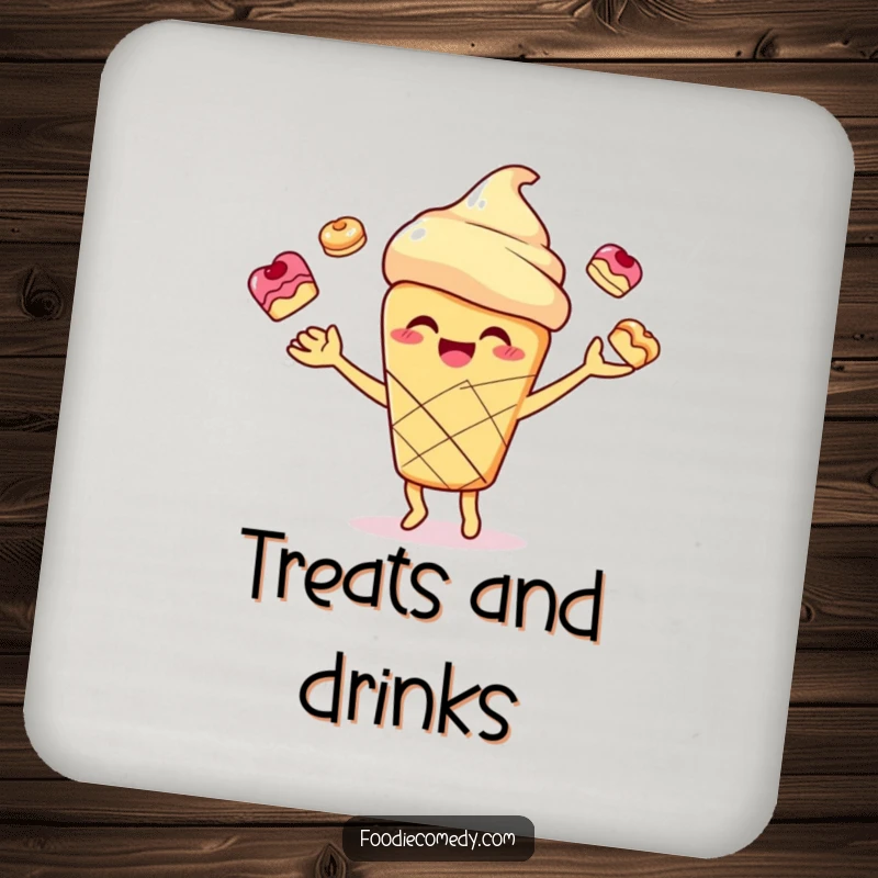 Funny smiling scone character joyfully juggling small pastries on protective drink coasters, adding baking humor to tables.