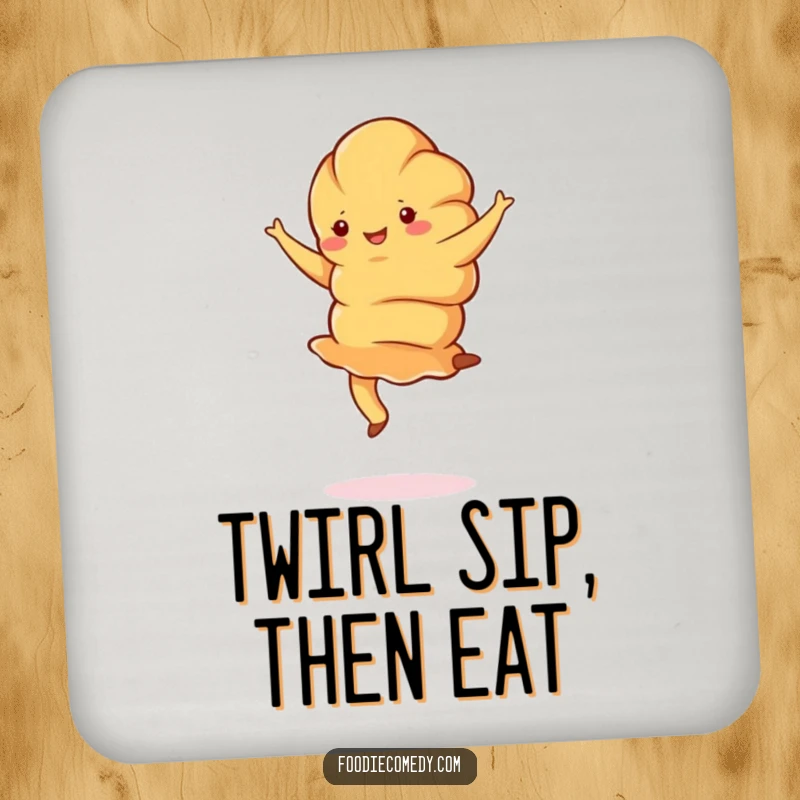 Funny croissant coasters showcasing jubilant croissants doing graceful pirouettes, protecting surfaces with elegant pastry humor.