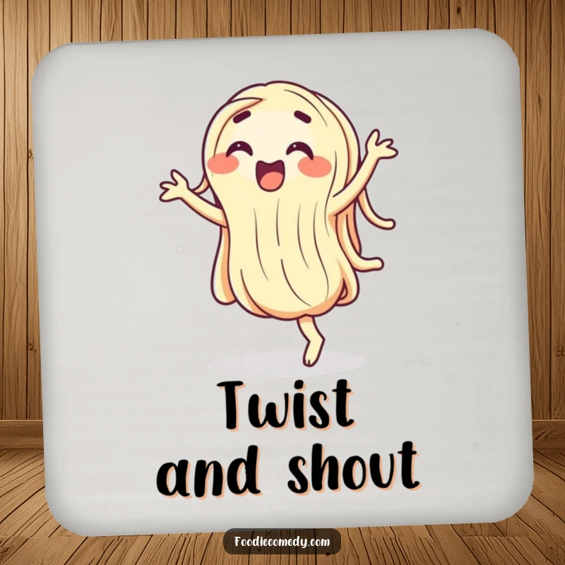 Funny wiggling noodle coasters, a cartoon pasta character dancing energetically, protecting surfaces with humor.