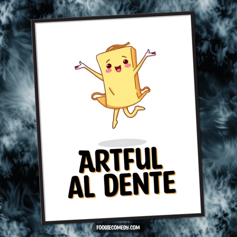 Funny pasta poster depicting a piece of pasta executing a determined ballet leap, bringing artistic energy and culinary charm.