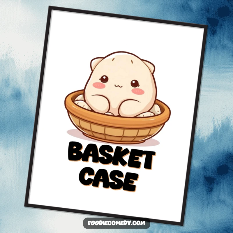 Funny dumpling poster showcasing a blushing, plump character winking charmingly from a steaming basket, adding humor and cuteness to decor.