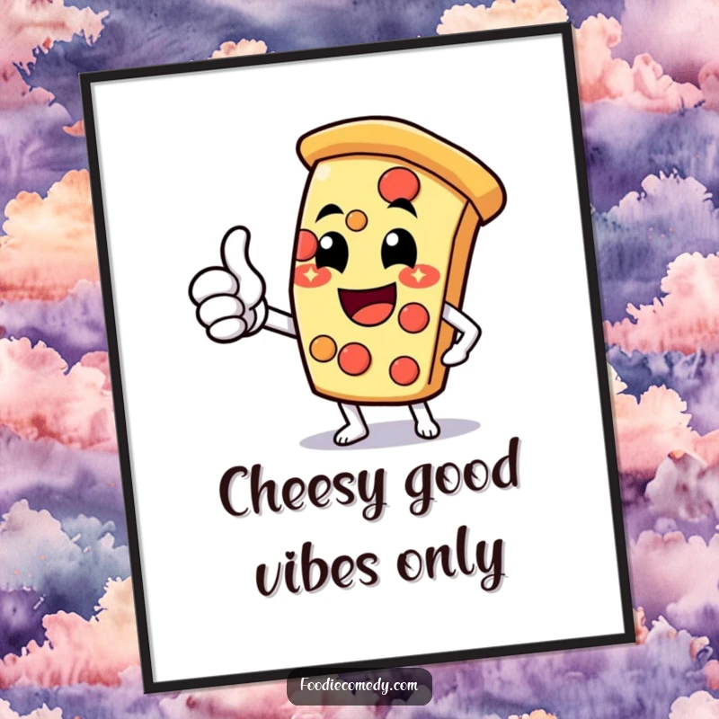 Funny pizza slice poster art of a character with a cheesy grin and thumbs-up, bringing cheerful energy to any room.
