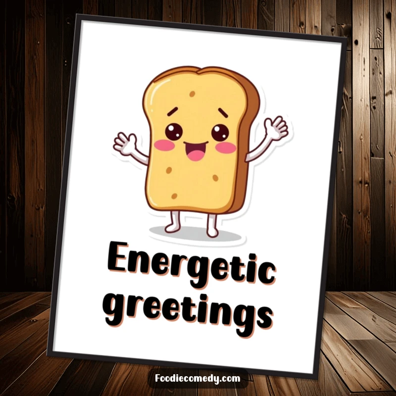 Funny poster of a happy bread loaf character waving enthusiastically, adding a touch of playful charm and warmth to any room. Perfect for kitchen decor.