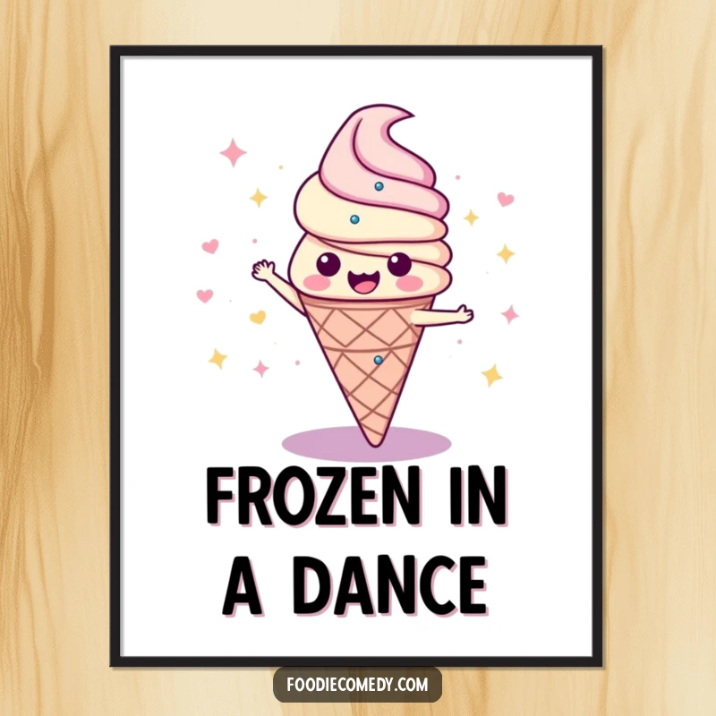 Funny poster art of a dynamic ice cream cone executing a perfect disco spin, capturing a moment of retro-themed, spunky dance.