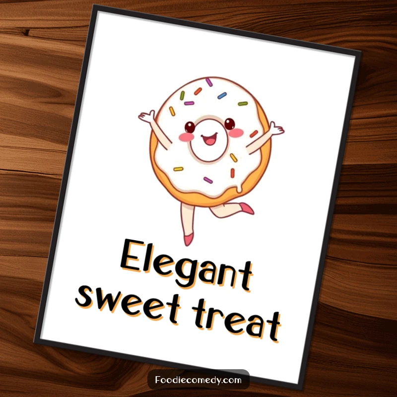 Funny donut poster showing a cheerful, sprinkled donut performing a ballet pirouette, ideal for humorous and sweet wall art.